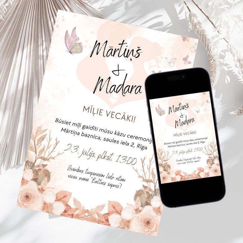 Digitāls kāzu ielūgums pasteļtoņos ar ziedu motīvu un tauriņiem